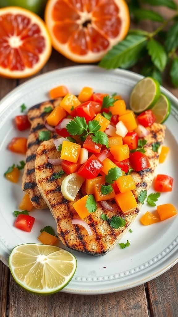 Grilled Mahi Mahi with citrus salsa on a plate, garnished with lime wedges and surrounded by tropical leaves.